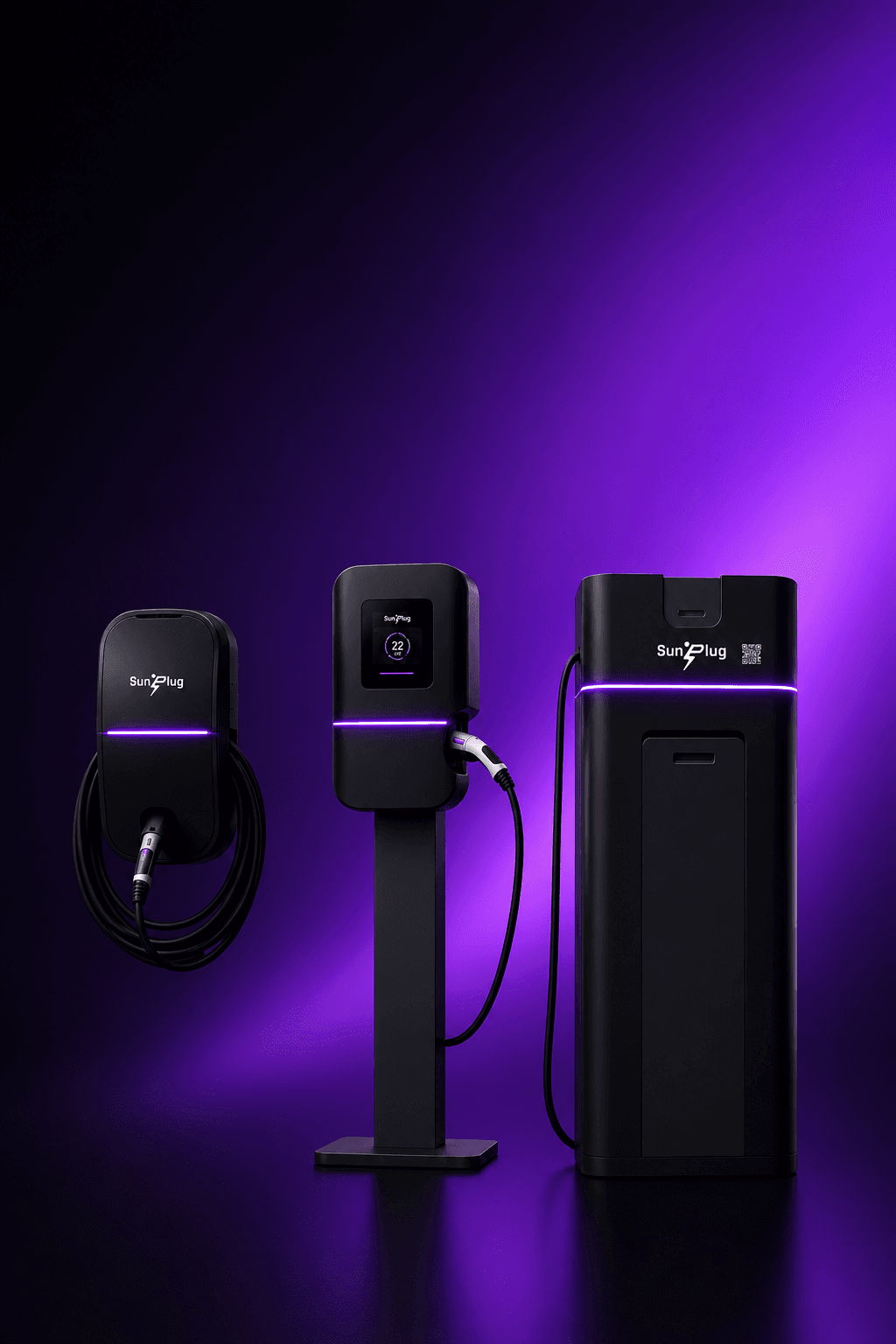 Linha de carregadores SunPlug para veículos elétricos: wallbox de parede, poste e carregador de piso.